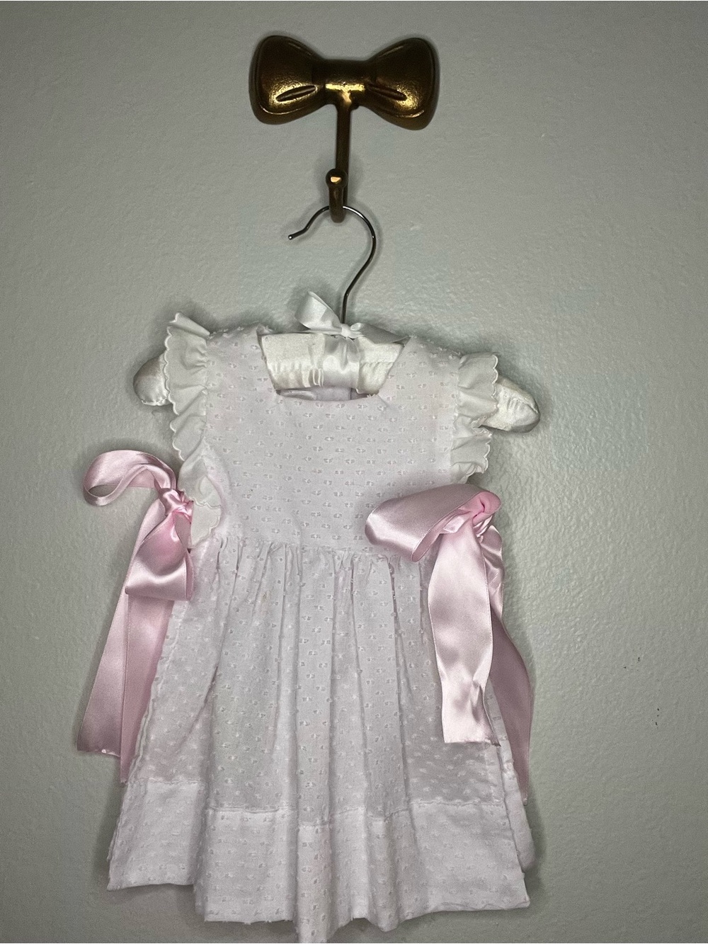 White Swiss Dot Baby Dress with Pink Satin Bows